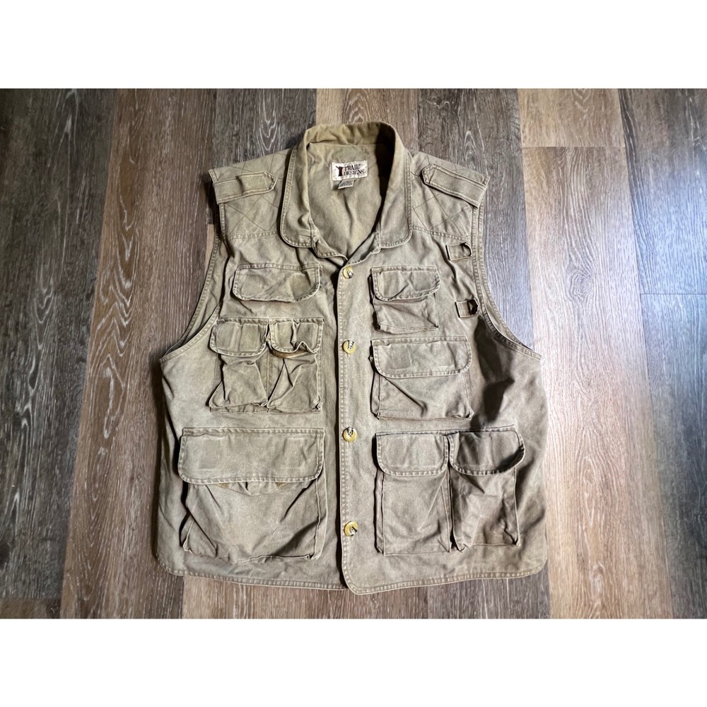Trail Designs Utility Cargo Vest Mens Large Khaki Tan Multi-Pocket Fishing TV726